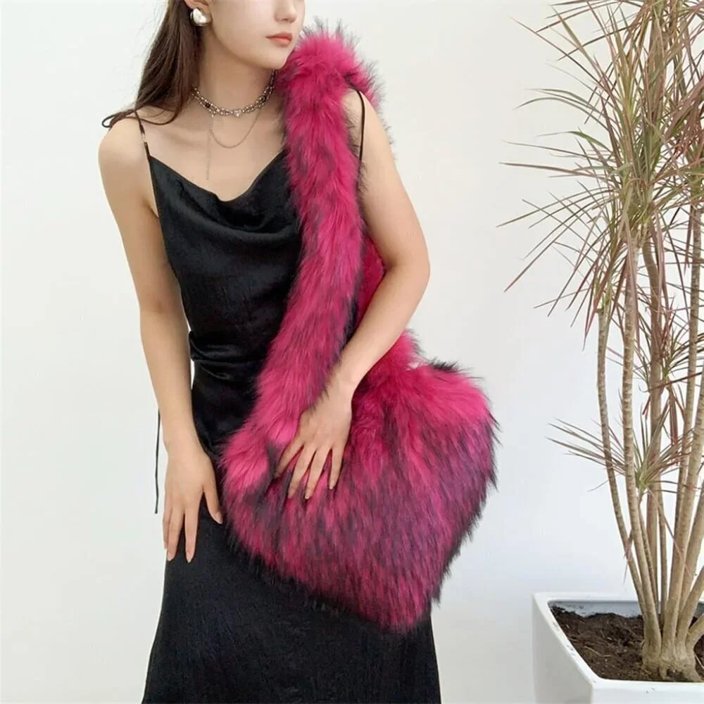 Women's Rose Red Heart Shaped Fluffy Plush Faux Fur Imported Chic Handbag